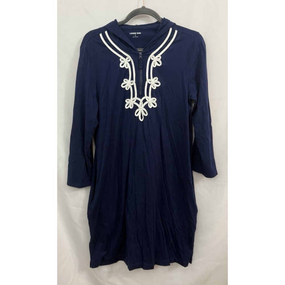 Lands End Swim Cover-up Dress 1/4 Zip Navy Hooded Stretch Pockets Beach Womens S